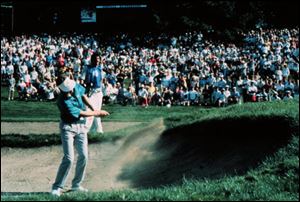 Bob Tway hits his bunker shot at the final hole of the 1986 PGA Championship. The shot went in and Tway s name was forever linked to the bunker at Inverness Club. 