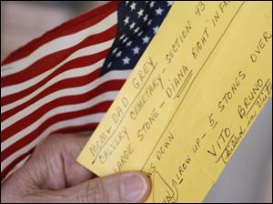 Mary Worden keeps a yellow note card that contains detailed directions to Vito Vincent Bruno s grave site in Toledo s Calvary Cemetery. Mrs. Worden has been faithful to her promise to remember Mr. Bruno on Memorial Day, but this year, she sought help.