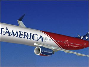 In this artist's rendering provided by JetAmerica, a JetAmerica aircraft is shown. Clearwater, Fla.-based JetAmerica said 34 nonstop passenger flights a week will start July 13 at Toledo, Ohio; South Bend, Ind.; Melbourne, Fla.; Newark, N.J.; Minneapolis and Lansing, Mich. Twenty-eight flights start or end at Newark Liberty International Airport. The carrier will add six more flights _ from Toledo to Minneapolis _ starting Aug. 14. (AP Photo/JetAmerica) ** NO SALES **