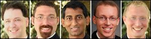 Five to be ordained at Rosary Cathedral today are, from left, Chris Bohnsack, Jason Kahle, Kishore Kottana, Eric Mueller, and Tony Recker.
