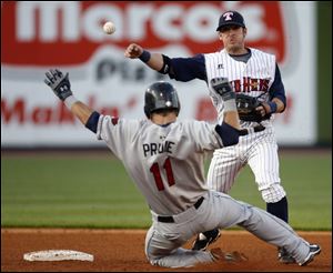 Hens second baseman Will Rhymes retires Rochester's Jason Pride, then completes the double play.