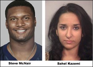 This combo shows Steve McNair, left, in a 2003 season file photo and Sahel Kazemi is shown in this undated booking photo from the Davidson County Sheriff. McNair, who led the famous Tennessee Titans' drive that came a yard short of forcing overtime in the 2000 Super Bowl, was found dead Saturday July 4, 2009 with multiple gunshot wounds, including one to the head. Police said a pistol was discovered near the body of a woman, identified by Nashville police spokesman Don Aaron, as 20-year-old Sahel Kazemi also shot dead in a downtown condominium. She had a single gunshot wound to the head. (AP Photo)
