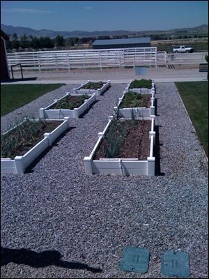 Several views of raised vegetable beds at Thanksgiving Point Farm Country in Utah.