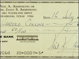 Neil Armstrong wrote this check to Harold Collins, a NASA manager, to pay back money the astronaut had borrowed. It reportedly was written in case something happened to him in space.