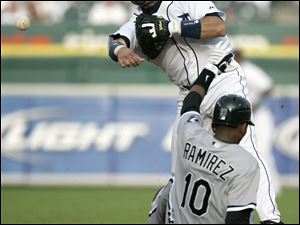 Detroit's Placido Polanco, top, turns a double play as Chicago's Alexei Ramirez slides into him.