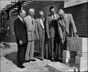 Toledo YMCA officials, from left, F.R. Findley, Harold Anderson, Paul Routsong, William Kuntz, and Dr. R.C. Young, were on hand on Sept. 28, 1953, when the cornerstone was laid for the organization's south branch. The facility opened the next year.