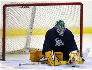Lauren Anthony Johnson, plays for Wright State. He tried out at goalie at the Ice House Saturday.