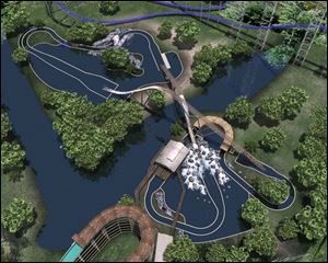 An artist's rendering shows the route passengers will travel in 10-person boats  through a wooded area designed to resemble a backwoods moonshine operation.