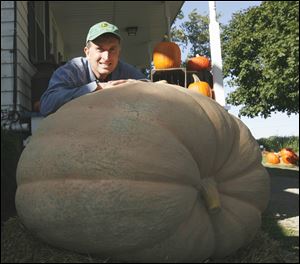 Paul Fleitz, whose son, Gary, raised a 620-pound pumpkin, displays the behemoth at the Fleitz farm, 7133 Seaman Rd., in Oregon. Weighing it was a challenge. Four men loaded the pumpkin onto a pallet that went into a truck that had been weighed at a grain elevator. A return trip to the elevator with the seasonal cargo helped the Fleitz family determine how much the pumpkin weighed.