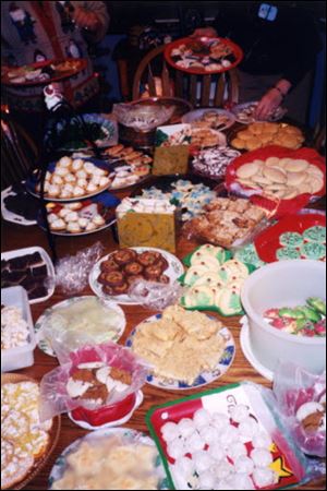 Cookies fill a table at the seventh annual cookie exchange hosted by Diana Randolph and Gloria Carpenter in 2005.