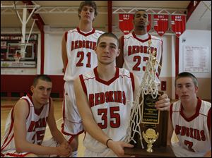 Port Clinton finished the regular season undefeated for the first time in school history with starters (front, from left) Ryan Hicks, Josh Francis and Cory Brown and (back, from left) Derek Colston and Allen Tigner. The Redskins won the Sandusky Bay Conference championship. 