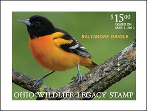 The Ohio Division of Wildlife hopes all who want to support wildlife, not just hunters, trappers, and fisherman, will buy the new Baltimore oriole stamp.