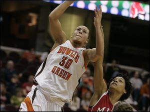 Bowling Green's Tara Breske shoots over Miami's Lillian Pitts. Breske had 20 points and six rebounds to help BG reach the MAC semifinals.