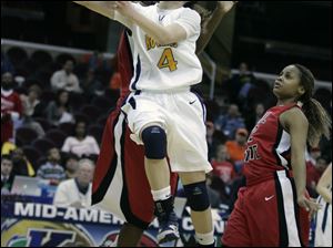 Toledo's Naama Shafir, who had 18 points, drives to the basket against Ball State in a MAC quarterfinal in Cleveland.