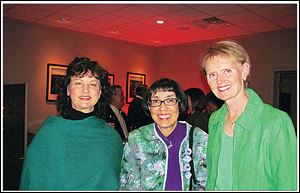 Yolanda Szuch, Carmelita Crocker, and Sue Purewal at the St. Pat's Day party at Belmont Country Club.