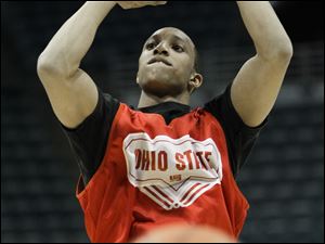 Ohio State's Evan Turner shoots during yesterday's practice for tonight's first-round game. 