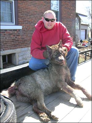 Dusty Gore holds the head of a wolf he shot recently in Sandusky County near York School.