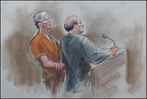 A courtroom drawing shows David Brian Stone, Sr., left, of Clayton, Mich., appearing in U.S. District Court in Detroit with his lawyer, Bill Swor. 