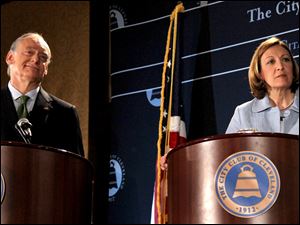 Lt. Gov. Lee Fisher and Secretary of State Jennifer Brunner, Democrats seeking their party's nomination for U.S. senator from Ohio, listen to a question during their debate.
