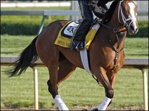 Horacio De Paz puts Devil May Care through a workout yesterday at Churchill Downs. The filly has 10-1 odds to win tomorrow.
