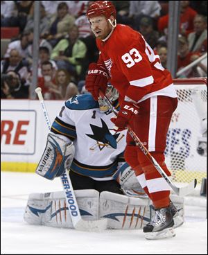 Detroit's Johan Franzen, who scored four goals in Game 4, blocks the view of San Jose goaltender  Thomas Greiss.