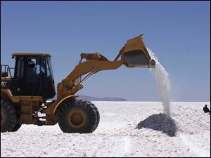 Imports, such as lithium from this plant in southern Bolivia, drove the March U.S. trade deficit up by 2.5 percent from February to $40.4 billion, the highest monthly deficit since December, 2008.