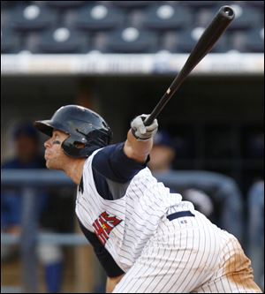 The Mud Hens' Jeff Frazier smacks an RBI double in the fifth inning for his second hit of the day.
