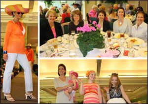 At left: Orange, white and yellow make Kate Adams a striking figure on the Toledo Opera Guild runway. Top right: From left, Diane Shull, Valerie Garforth, event chairman Barbara Brown, Brooke Bronikowski and Carole Kwiatkowski enjoy each other's company. Lower right: Pam Bettinger and baby, Chole Knapp and Elizabeth Stuart strut their stuff.