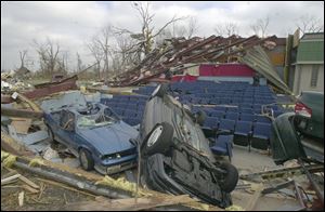 On Nov. 10, 2002, a tornado flattened Van Wert Cinemas in Van Wert, Ohio. Employees heard emergency broadcasts and led movie-goers to the safety of restrooms moments before it struck.