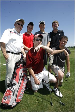 The Bedford High School golf team is, from left, standing, coach Mark Smith, Justin Gross, Luke Berger, and Brandon Henry, and, kneeling, David Genaw and Nate Conring.