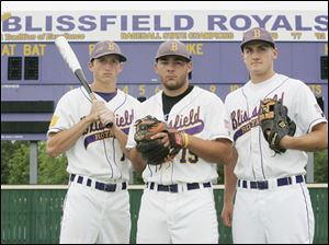 Cody Spotts, left, Adam Warner, center, and Eric Schmidt have led Blissfield (36-6) to a No.5 ranking and a regional semifinal date.