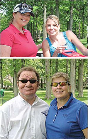 At the Annual Kidney Klassic, left to right: top, Rachel Brooker and Melissa Gunner; and bottom,  emcee Joe Rychnovsky and his wife, LPGA Golf Pro Janet Rychnovsky.