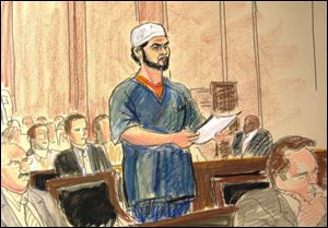 In this courtroom sketch, Faisal Shahzad pleads guilty Monday in Manhattan Federal Court to carrying out the failed May 1 car bombing in New York's Times Square. 