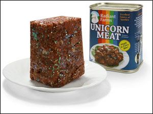 The Internet retailer ThinkGeek advertises unicorn meat, which, they say, is high in sparkles. The firm said it was just an April Fool's joke, but its slogan, 'the new white meat,' wasn't funny to the National Pork Board.
