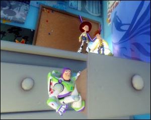 In this video game image characters, from left, Buzz, Jessie and Woody explore Andy's bedroom.