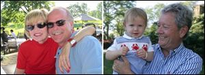 Left, Mary Lou Falzone and Ron Folger on the patio at the Sylvania Country Club's Fourth of July picnic. Right, Norm Johnston of Rossford holds his 21-month-old grandson, Terrance O'Donnell of Columbus at the Belmont Country Club picnic.