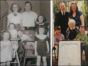 Left: Marge and Tom Ainsworth in 1954 with their children, from left, Nancy, Patricia, Tom, Judy, and Bonnie. Right: Marge Ainsworth, center, with her twins, Tom Ainsworth and Patricia Hannifin, now 57, standing behind her, and her great-grandchildren, twins Max and Henry Pekich.