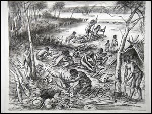 This drawing is an impression of the waterside home of nomad hunters about 11,000 years ago.