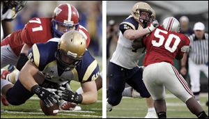 Left, Jack Miller of St. John's, who has committed to Michigan, recovers a fumble last season against St. Francis. Right, Chris Boles (50) of Central Catholic, who has committed to Illinois, blocks Jack Mewhort of St. Johns, now of Ohio State, in a 2008 game.