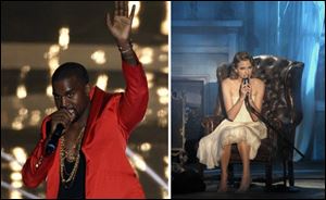 Kanye West, left, and Taylor Swift, who did not perform together, each addressed the 2009 incident, where West interrupted Swift during an acceptance speech, in song.