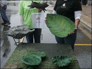 NBRN art15p   The Blade/Lori King  09/11/2010  Flying Pig Studio artists Carol Glauner, left, and Katie Maves show off their cement leave sculptures during the Art at you Feet show in Blissfield, Michigan. The art fair ended early Saturday due to rain.