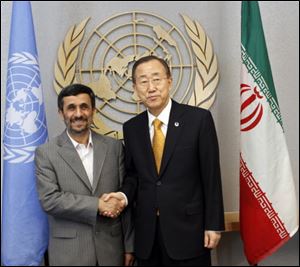 United Nations Secretary-General Ban Ki-moon, right, meets Ahmadinejad.