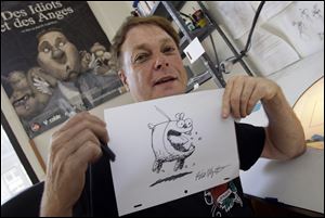  Animator Bill Plympton shows off one of his characters, 'Guard Dog.' He encourages new filmmakers to make cheap, funny shorts. Carter Pilcher founded Shorts International, which buys filmmakers' work and offers subscription TV channels.
