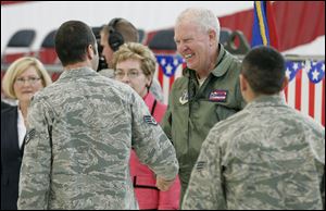 Maj. Gen. Harry ‘A.J.' Feucht, assistant adjutant general for the Ohio Air National Guard, with U.S. Rep. Marcy Kaptur to his right, congratulates returnees. Beside her is state Sen. Teresa Fedor. 