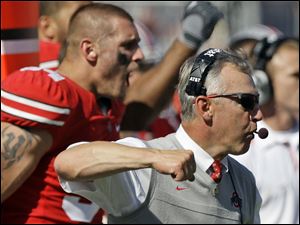Jim Tressel celebrates a defensive play in the fourth quarter on the way to his 100th Buckeye win.