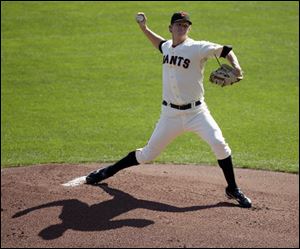Giants starting pitcher Matt Cain struck out five while giving up two hits and three walks in seven scoreless innings.
