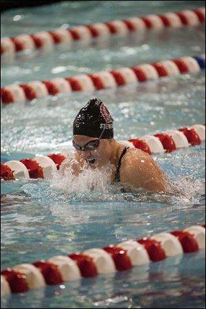 Port Clinton's MacKenzie Stewart swims the breaststroke leg the 200-yard Individual medley at the state meet. She finished third.