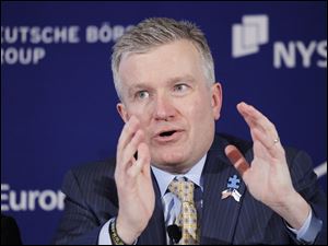 NYSE Euronext CEO Duncan Niederauer speaks during a news conference at the New York Stock Exchange, Tuesday, Feb. 15, 2011. The NYSE and Deutsche Boerse announced Tuesday that they plan to merge. (AP Photo/Mark Lennihan)