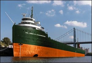 An artist's rendering shows the S.S. Willis B. Boyer after its upgrading is completed decked out in a green and orange paint scheme, trimmed in white, and sporting the Schoonmaker name.