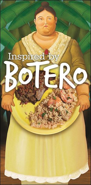 A Botero painting appears to hold Sobrebarriga (Flank Steak) and Rice with Coconut and Shrimp.